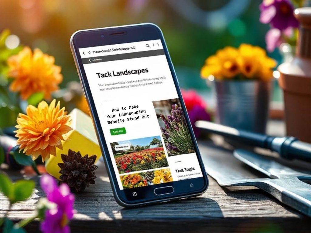 A smartphone displaying a landscaping website with vibrant flowers and gardening tools in the background