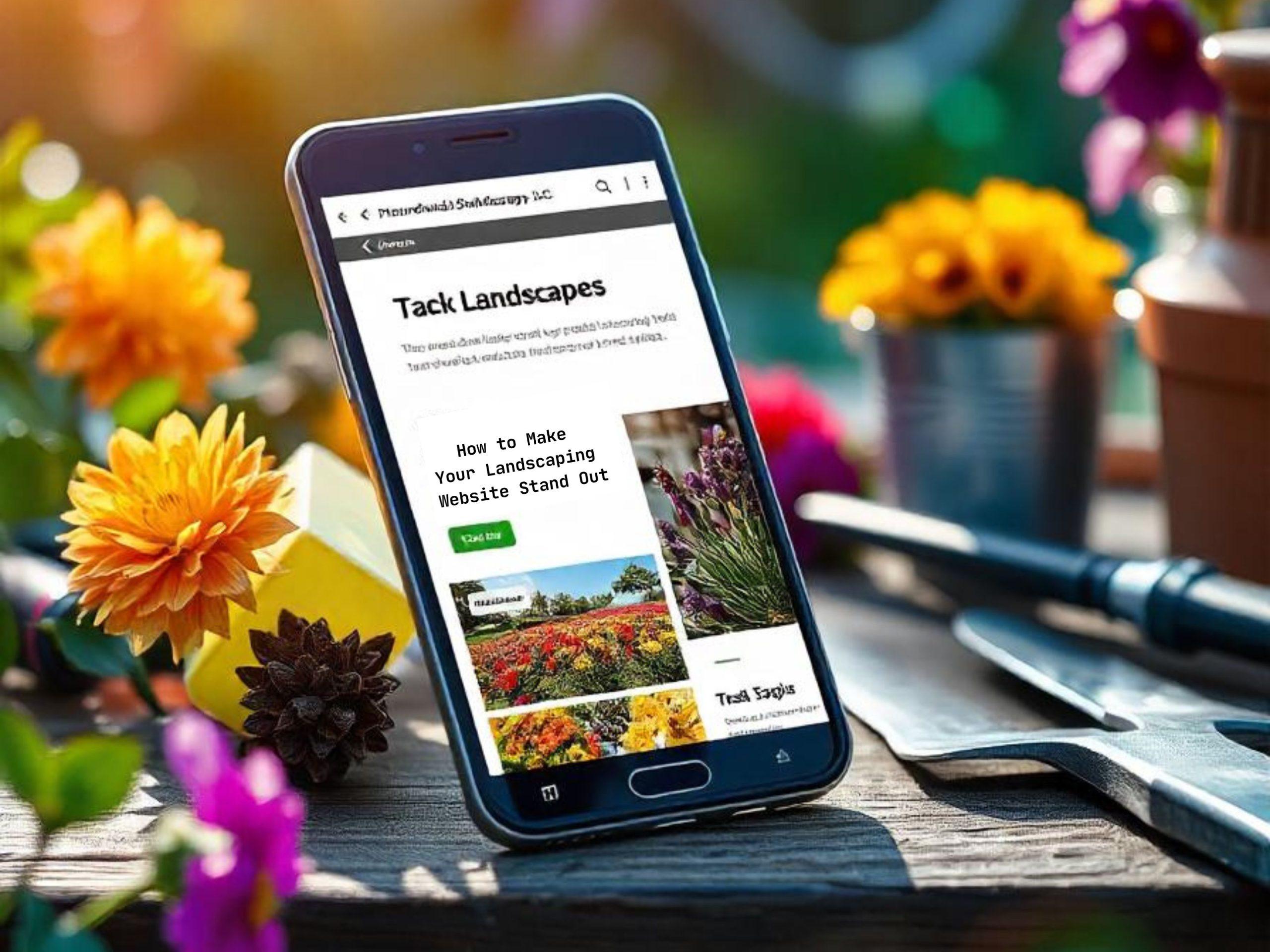 A smartphone displaying a landscaping website with vibrant flowers and gardening tools in the background