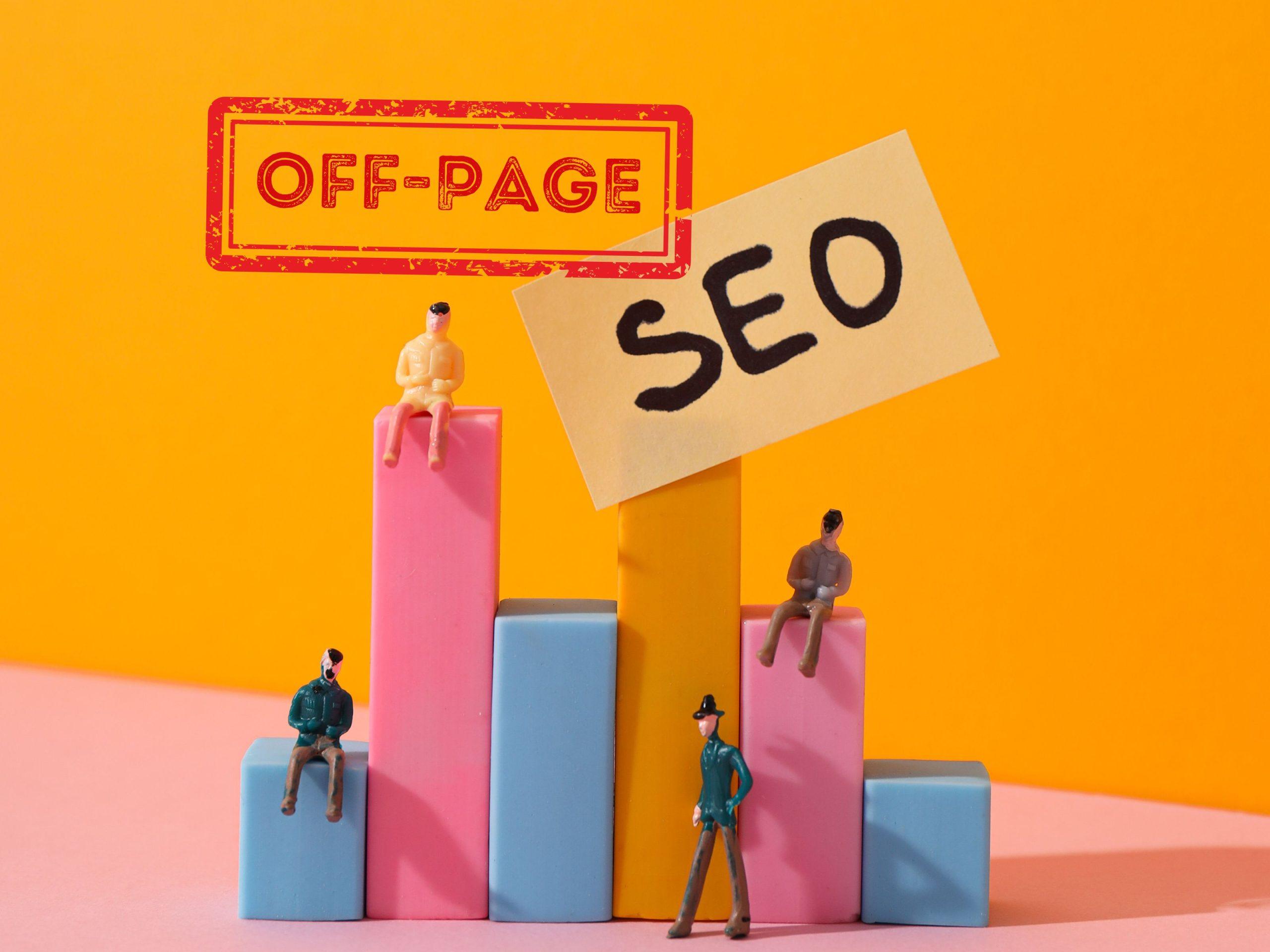 Miniature figures sitting on colorful blocks with a sign reading Off Page SEO