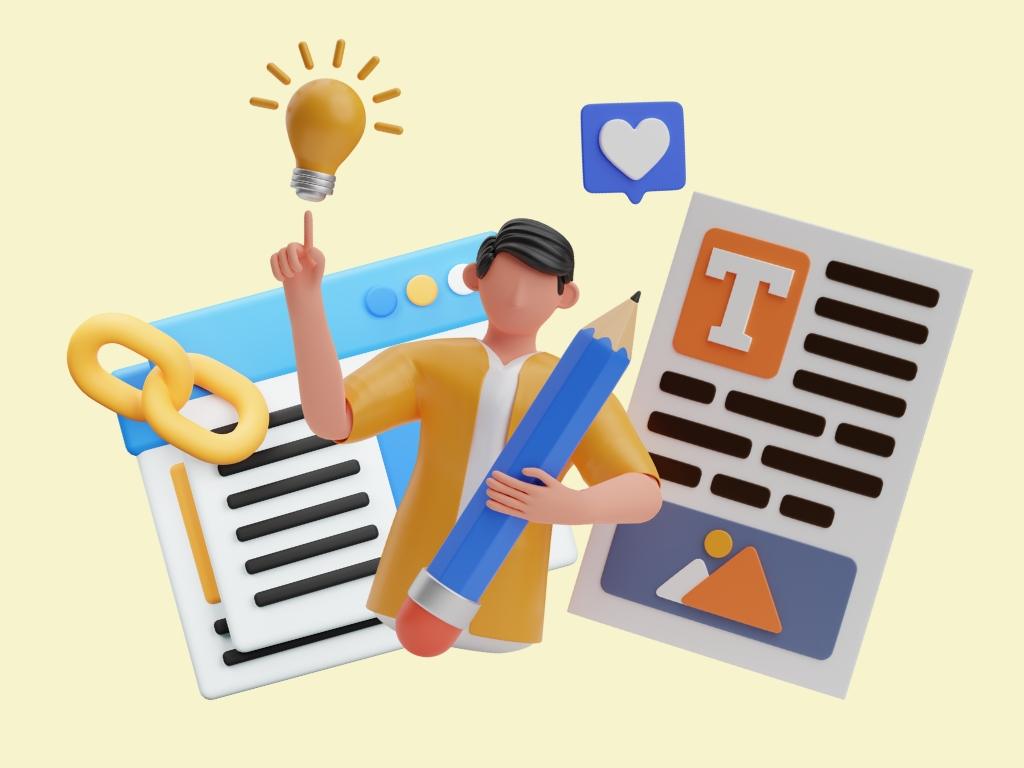 3D illustration of a person with a pencil and blog elements, symbolizing guest blogging for landscaping websites