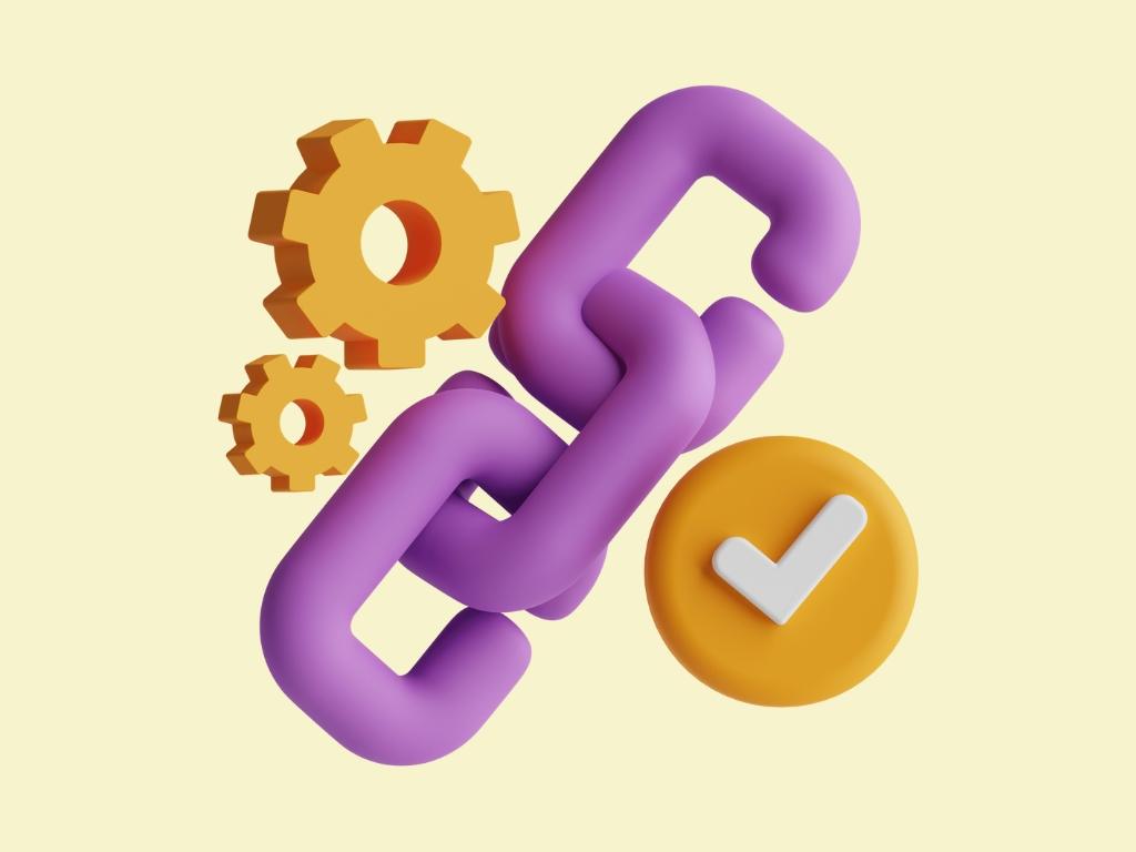 3D illustration of chain links with gears and a check mark, representing strategies to earn backlinks to landscaping websites