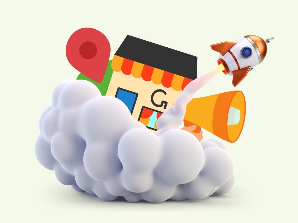 3D rocket launching from a Google storefront with a map pin, showing Google My Business optimization for landscaping SEO