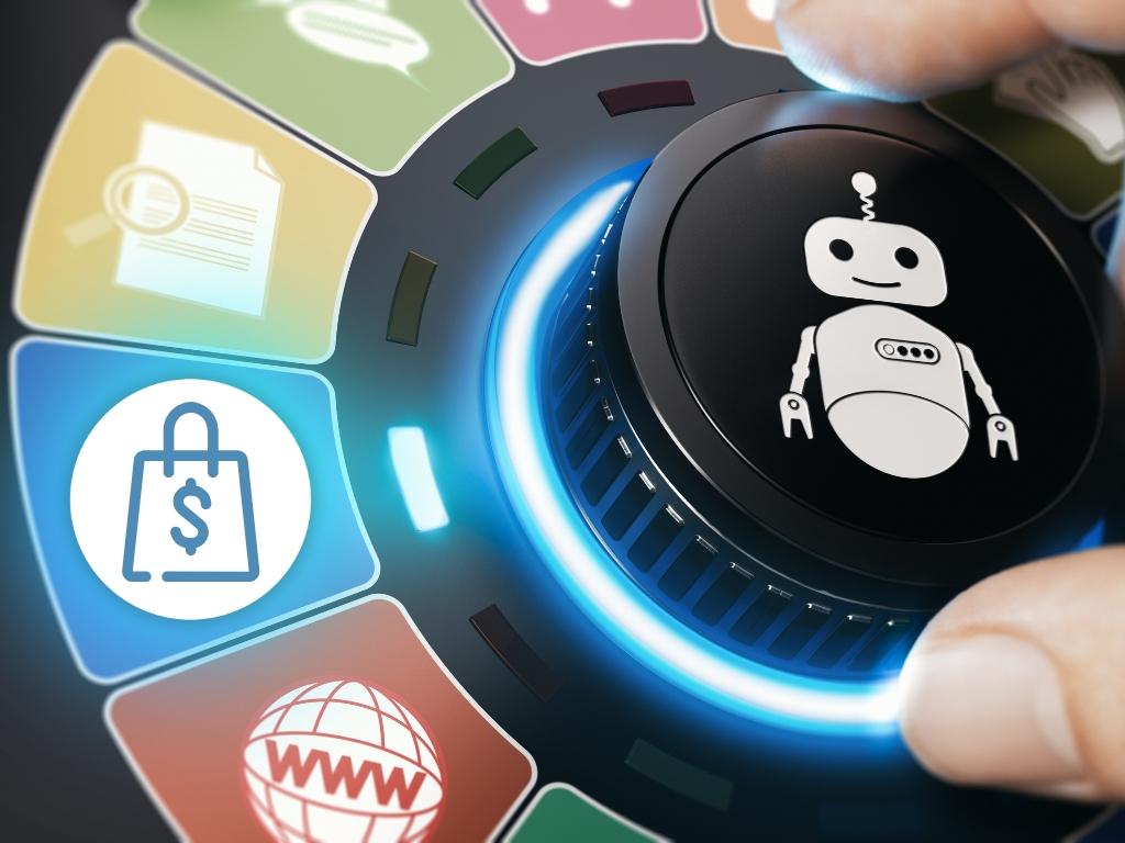 CRM and sales automation dashboard with AI robot button, highlighting common automation tools and e commerce icons