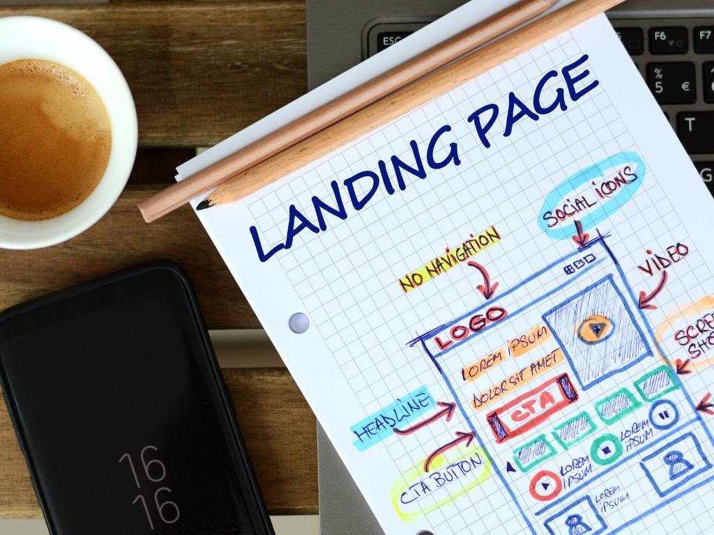 Sketch of a landing page layout with labeled elements like headline, CTA button, video, and logo, illustrating how to design a landing page that converts